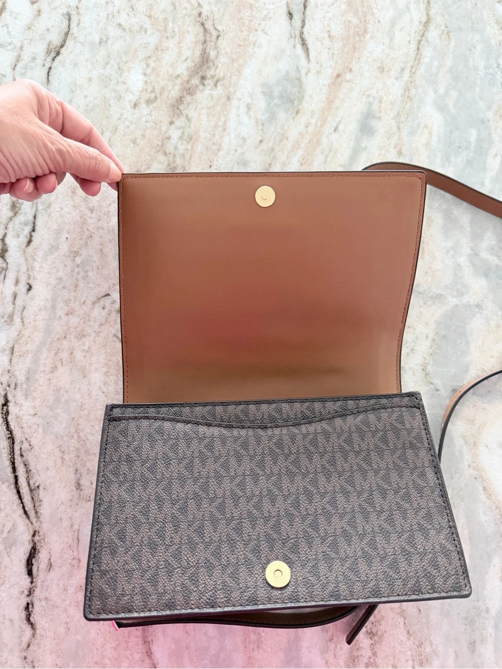 Michael Kors Brown and Tan Logo Crossbody Bag 6” H x 9” W